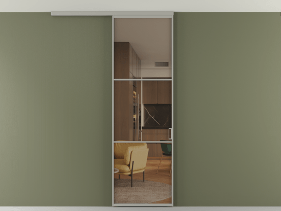 Алюминевая перегородка АЛПР 040.03_АНСР_Бронза триплекс_new. Цвет Алюминий нейтральный серый. Материал Алюминий в эмали. Коллекция Перегородка Формато вдоль стены на потолок 1 створка. Картинка.